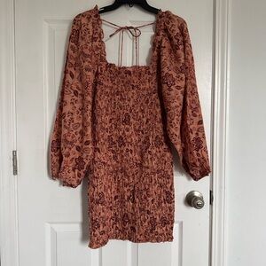 Free People Floral Long Sleeve Dress - Terracotta and Maroon